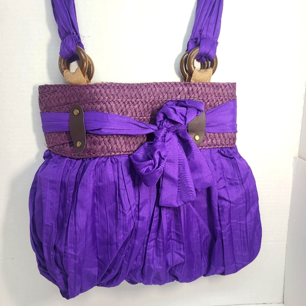 Over The Shoulder Lightweight Pocketbook, Fabric, Wood,Bow, Zipper, Plea…